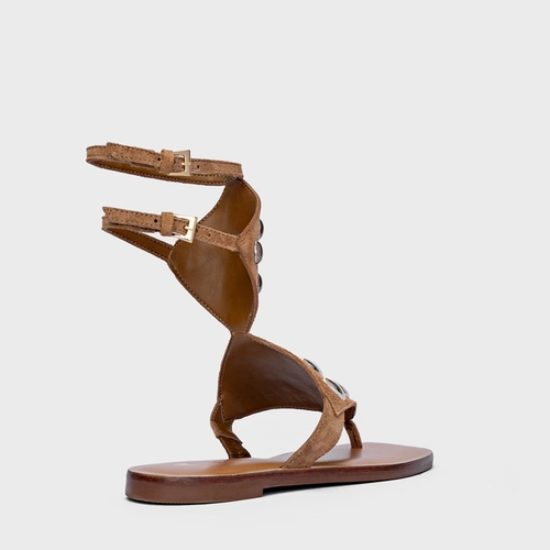 Sandália Flat Dots Triangle Couro Suede Marrom Saddle