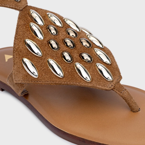 Sandália Flat Dots Triangle Couro Suede Marrom Saddle