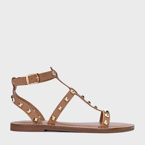 Sandália Flat Lines Tachas Couro Bege Cookie