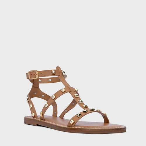 Sandália Flat Lines Tachas Couro Bege Cookie