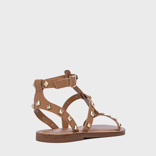 Sandália Flat Lines Tachas Couro Bege Cookie