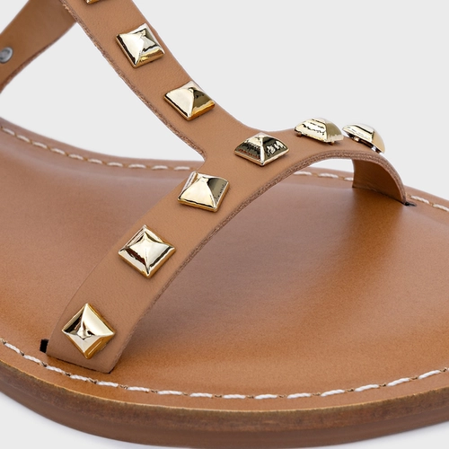 Sandália Flat Lines Tachas Couro Bege Cookie