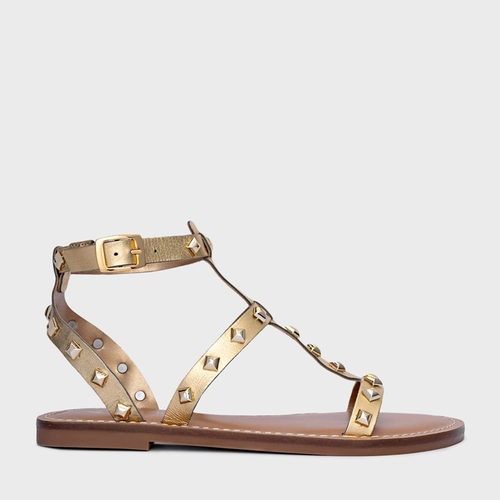 Sandália Flat Lines Tachas Couro Metalizado Dourado