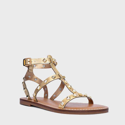 Sandália Flat Lines Tachas Couro Metalizado Dourado