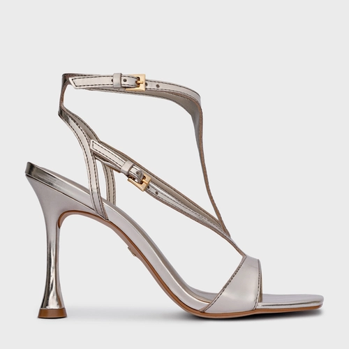 Sandália Lush Tiras Salto Fino Couro Spechio Champagne