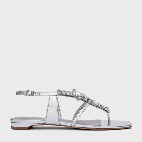 Sandália Flat Shine Cristal Couro Spechio Prata