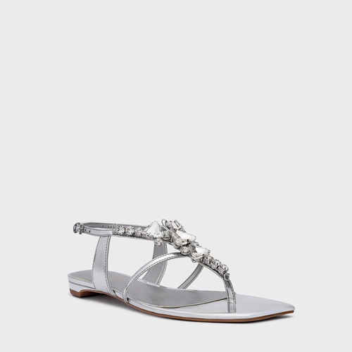 Sandália Flat Shine Cristal Couro Spechio Prata