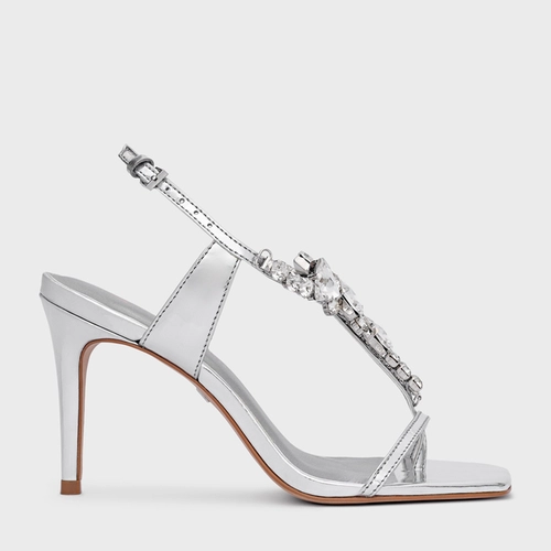 Sandália Shine Cristal Salto Fino Couro Spechio Prata