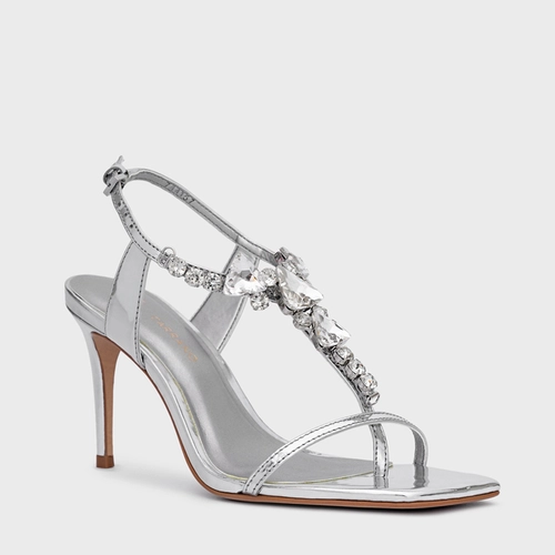 Sandália Shine Cristal Salto Fino Couro Spechio Prata