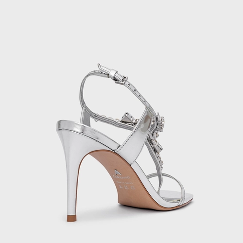 Sandália Shine Cristal Salto Fino Couro Spechio Prata