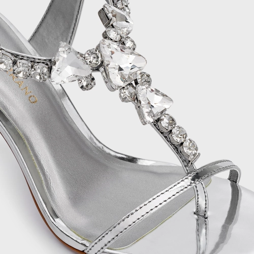 Sandália Shine Cristal Salto Fino Couro Spechio Prata