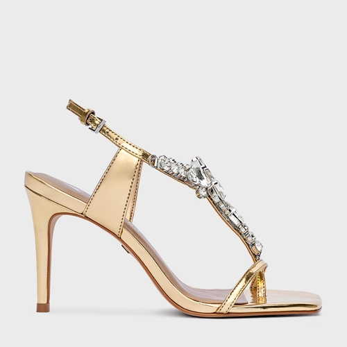 Sandália Shine Cristal Salto Fino Couro Spechio Dourado