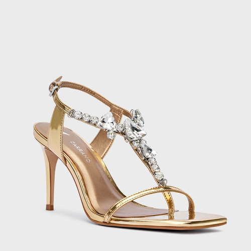 Sandália Shine Cristal Salto Fino Couro Spechio Dourado