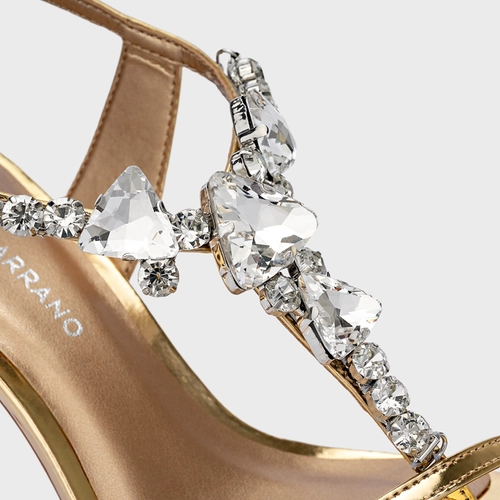 Sandália Shine Cristal Salto Fino Couro Spechio Dourado