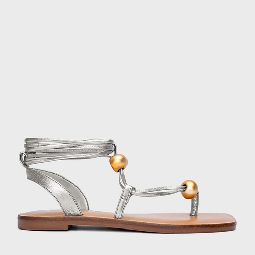 Sandália Flat Sphere Lace Up Couro Metalizado Prata
