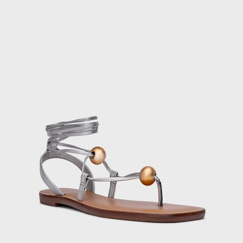 Sandália Flat Sphere Lace Up Couro Metalizado Prata