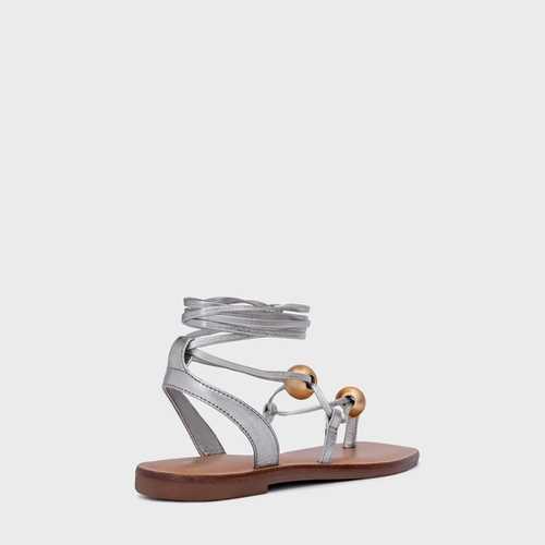 Sandália Flat Sphere Lace Up Couro Metalizado Prata