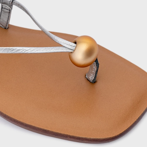 Sandália Flat Sphere Lace Up Couro Metalizado Prata