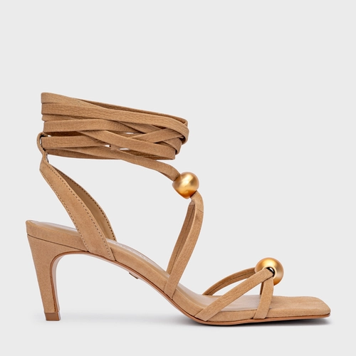 Sandália Sphere Lace Up Salto Fino Couro Nobuck Bege Toffee
