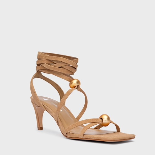 Sandália Sphere Lace Up Salto Fino Couro Nobuck Bege Toffee