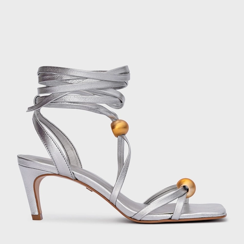 Sandália Sphere Lace Up Salto Fino Couro Metalizado Prata