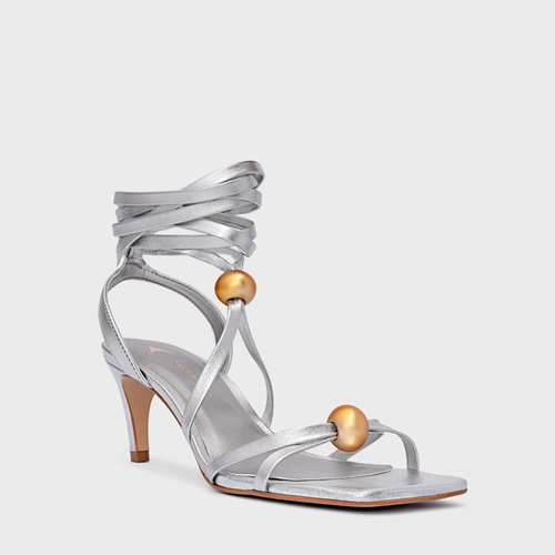 Sandália Sphere Lace Up Salto Fino Couro Metalizado Prata