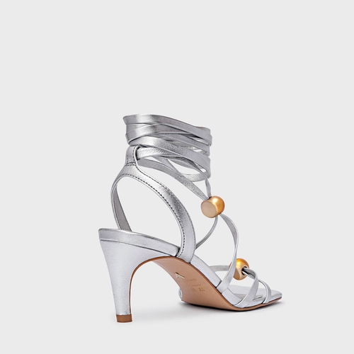 Sandália Sphere Lace Up Salto Fino Couro Metalizado Prata