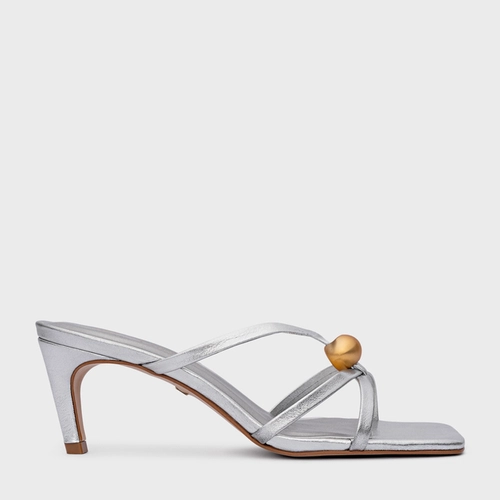 Open Mule Sphere Salto Fino Couro Metalizado Prata
