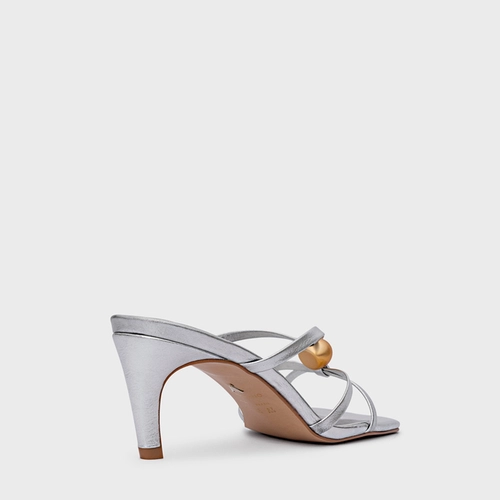 Open Mule Sphere Salto Fino Couro Metalizado Prata