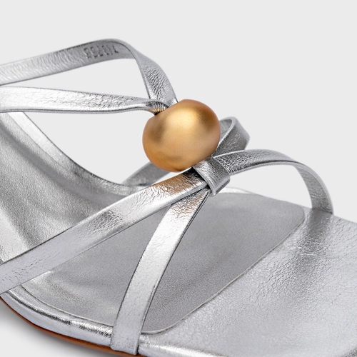 Open Mule Sphere Salto Fino Couro Metalizado Prata