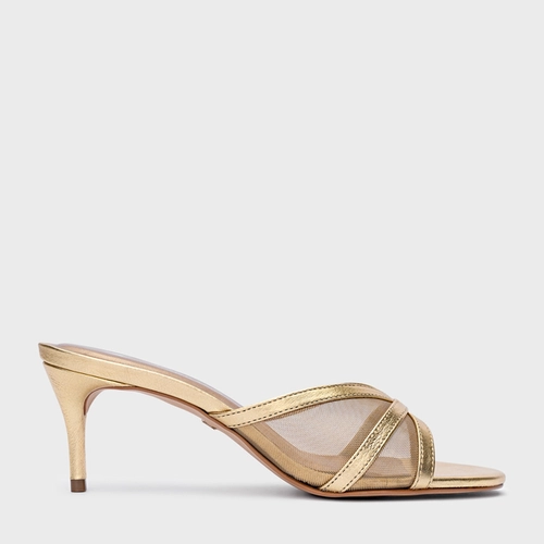 Open Mule Allure Salto Fino Tela Dourado