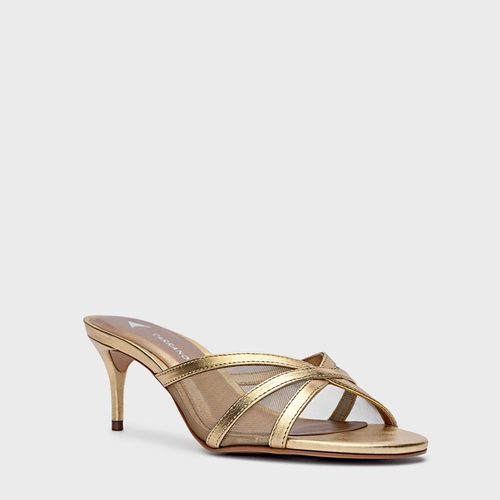 Open Mule Allure Salto Fino Tela Dourado