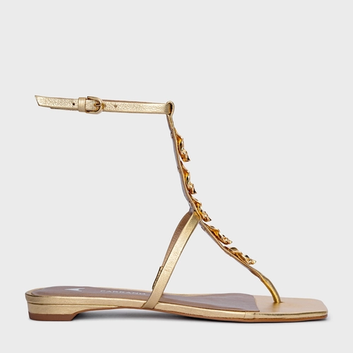 Sandália Flat Shell Couro Metalizado Dourado