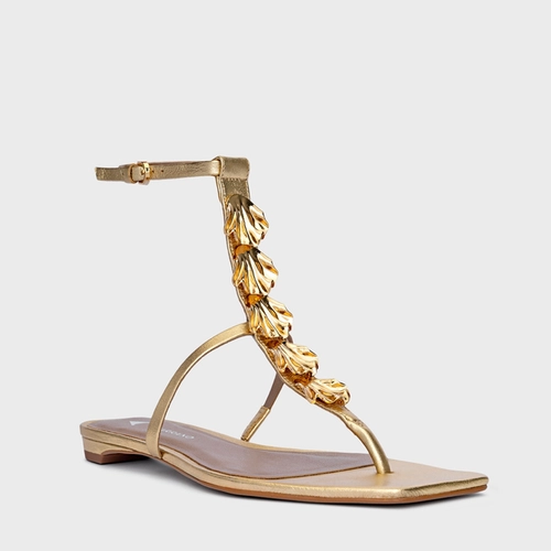Sandália Flat Shell Couro Metalizado Dourado