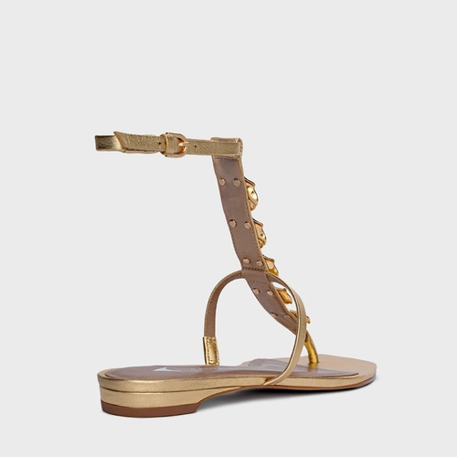Sandália Flat Shell Couro Metalizado Dourado