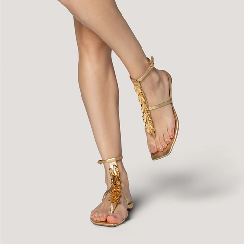 Sandália Flat Shell Couro Metalizado Dourado