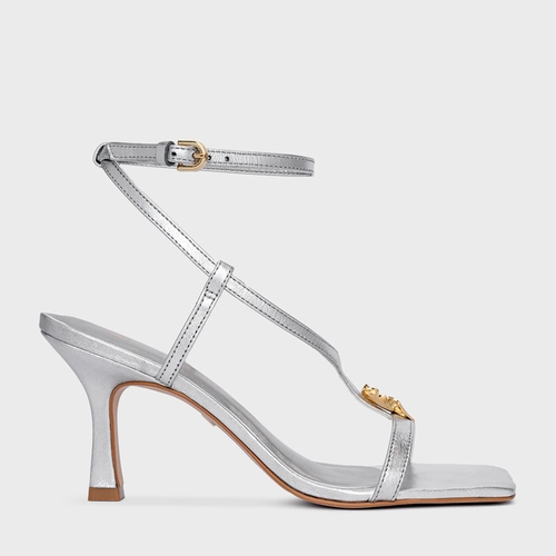 Sandália Shell Salto Fino Couro Metalizado Prata