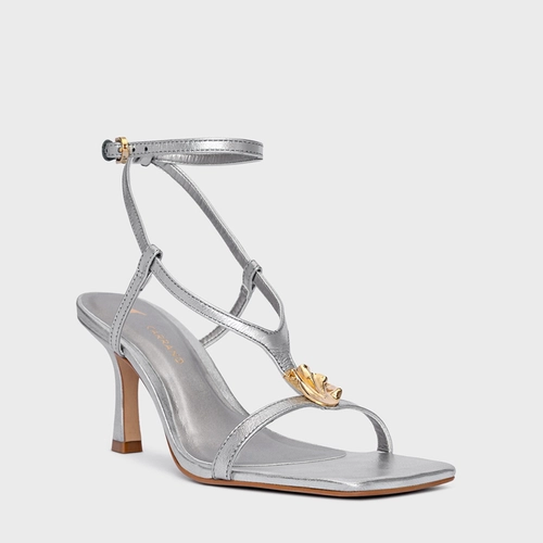 Sandália Shell Salto Fino Couro Metalizado Prata