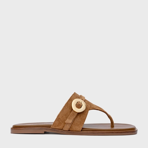 Flat Thong Basis Couro Suede Marrom Saddle