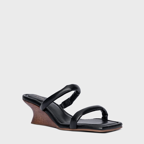 Open Mule Puffy Salto Anabela Woody Couro Preto