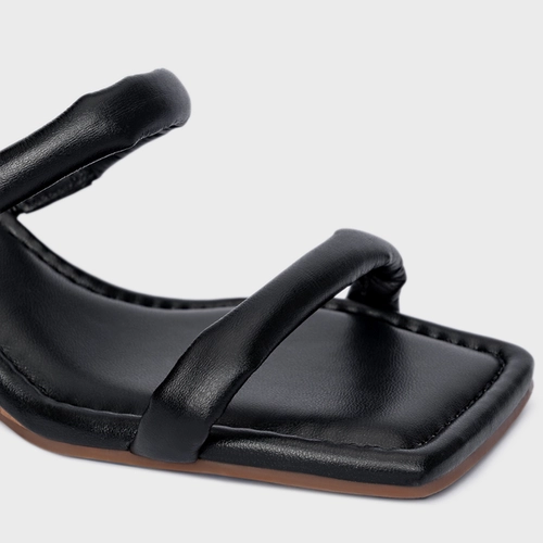 Open Mule Puffy Salto Anabela Woody Couro Preto