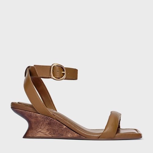 Sandália Puffy Salto Anabela Woody Couro Marrom Saddle