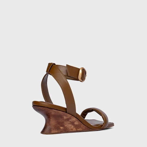 Sandália Puffy Salto Anabela Woody Couro Marrom Saddle