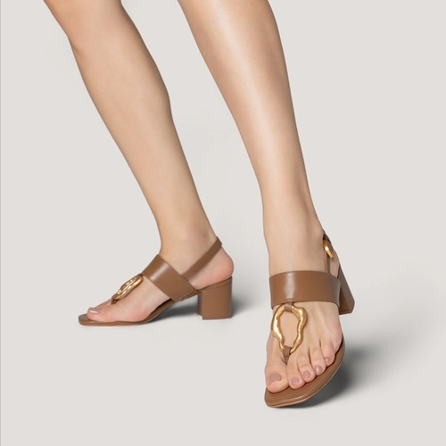 Sandália Organic Salto Bloco Couro Marrom Honey