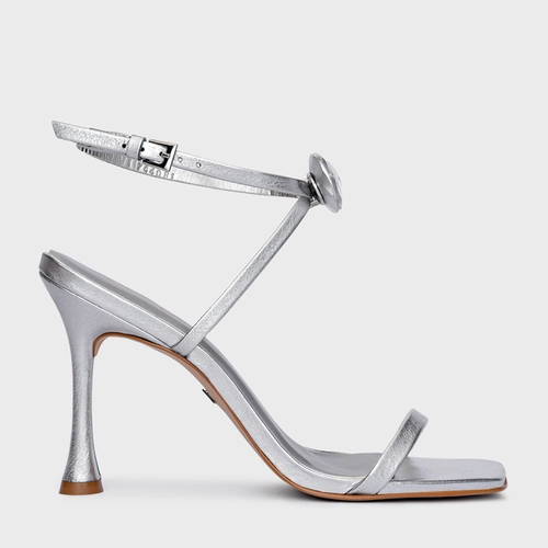 Sandália Cristal Diamond Salto Fino Couro Metalizado Prata