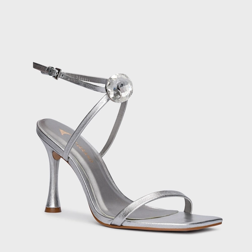Sandália Cristal Diamond Salto Fino Couro Metalizado Prata