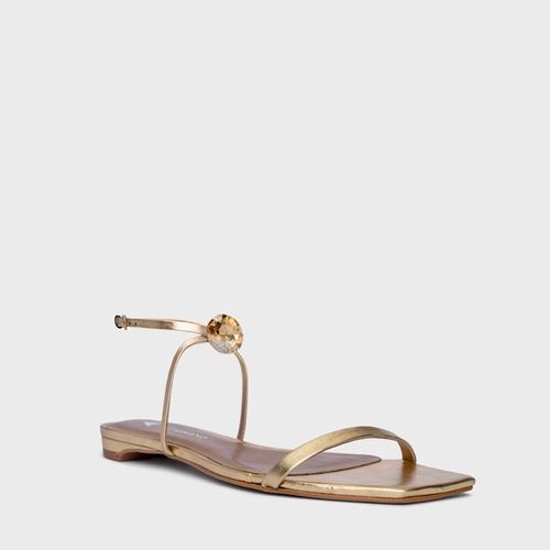 Sandália Flat Diamond Cristal Couro Metalizado Dourado