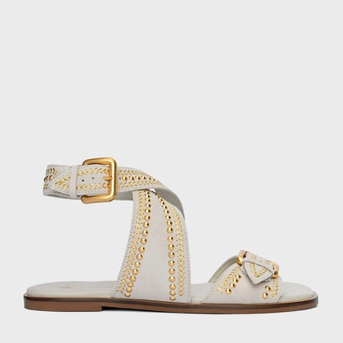 Sandália Flat Boho Multi Studs Couro Suede Off White Osso