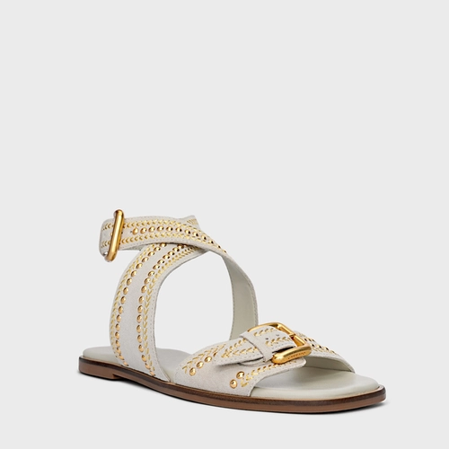 Sandália Flat Boho Multi Studs Couro Suede Off White Osso