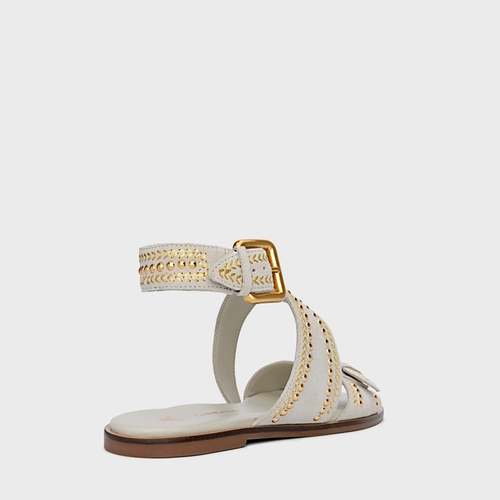 Sandália Flat Boho Multi Studs Couro Suede Off White Osso